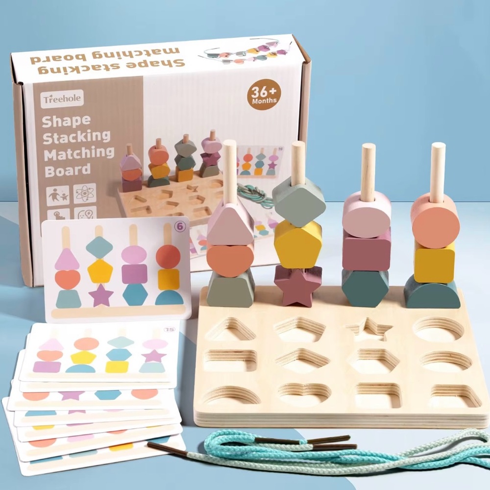 NEW Montessori 3 in 1 Wooden Shape Stacking & Sorting Educational Toy
